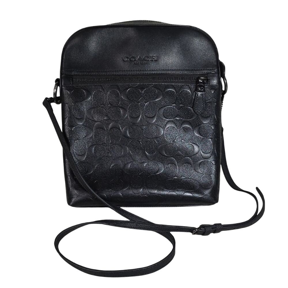 Coach Houston Flight Bag Signature Black Leather Strap Leather Crossbody Purse